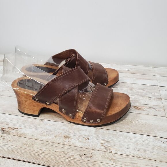 Y2K Candie's Wooden Chunky Heels w/Platform, VTG Brown Leather Sandals, Size: 5 - Picture 2 of 10